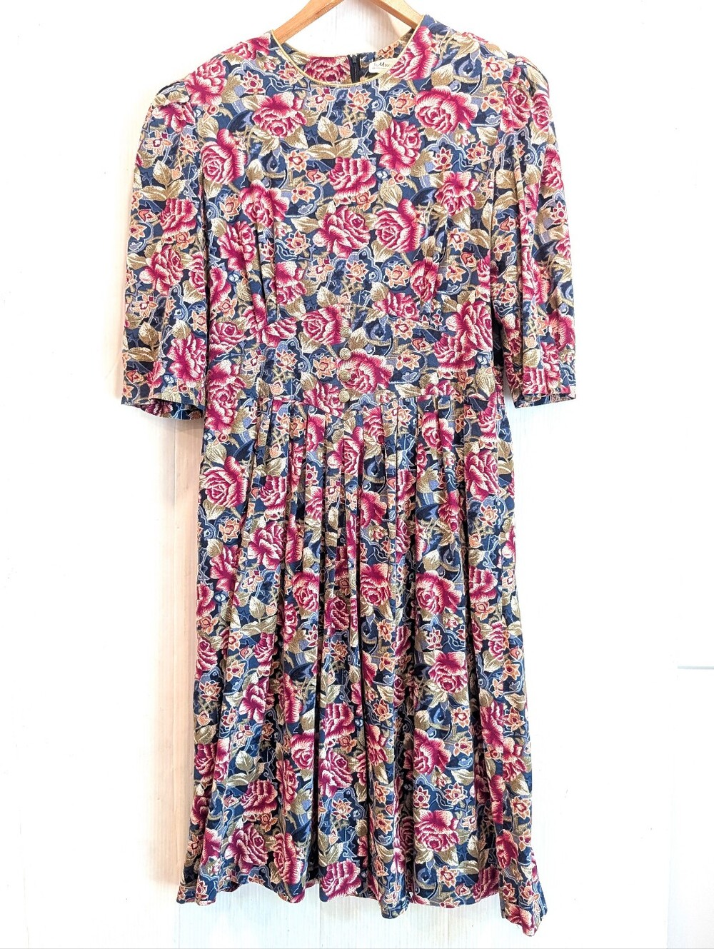 VINTAGE 80s Miss Dorby Pink Navy Floral Pleated Midi Dress Size 16
